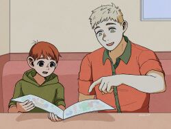 Rule 34 | 2boys, blonde hair, brown eyes, brown hair, chilchuck tims, commentary request, dungeon meshi, green eyes, halfling, highres, hood, ichiko 07, indoors, laios touden, male focus, menu, multiple boys, open mouth, short hair, sitting, table, upper body