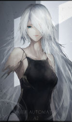 Rule 34 | 1girl, black leotard, blue eyes, breasts, character name, closed mouth, copyright name, damaged, expressionless, grey hair, hair over one eye, highres, leotard, long hair, looking at viewer, marumoru, mechanical parts, medium breasts, nier (series), nier:automata, solo, upper body, very long hair, a2 (nier:automata)