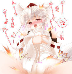 Rule 34 | 1girl, animal ears, bare shoulders, blush, grabbing another&#039;s breast, cameltoe, cleft of venus, fang, gizensha, grabbing, hat, highres, inubashiri momiji, nose blush, open mouth, panties, pussy, red eyes, saliva, short hair, silver hair, solo, sweat, tail, tokin hat, touhou, uncensored, underwear, wolf ears