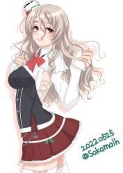 Rule 34 | 1girl, absurdres, bodice, breasts, brown eyes, cowboy shot, dated, grey hair, hair between eyes, highres, kantai collection, large breasts, long hair, miniskirt, nitamako (sakamalh), one-hour drawing challenge, pleated skirt, pola (kancolle), red skirt, shirt, simple background, skirt, solo, thick eyebrows, tilted headwear, twitter username, wavy hair, white background, white shirt