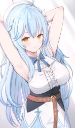 Rule 34 | 1girl, ahoge, armpits, arms behind head, arms up, bare shoulders, beret, blue hair, blue skirt, blush, braid, breasts, brown eyes, center frills, cleavage, closed mouth, commentary request, flower, frills, hair between eyes, hair flower, hair ornament, half updo, hat, highres, hololive, large breasts, long hair, looking at viewer, multicolored hair, pleated skirt, shirt, skirt, sleeveless, sleeveless shirt, smile, solo, starfox1015, streaked hair, underbust, very long hair, virtual youtuber, white flower, white hat, yukihana lamy