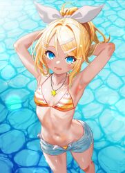 Rule 34 | 1girl, armpits, arms behind head, arms up, bikini, bikini under shorts, blonde hair, blue eyes, blue shorts, bow, breasts, caustics, collarbone, commentary, denim, denim shorts, foreshortening, from above, hair bow, hair ornament, hairclip, high ponytail, jewelry, kagamine rin, lens flare, midriff, narrow waist, navel, necklace, open mouth, orange stripes, ribs, shorts, skinny, small breasts, smile, soaking feet, solo, star (symbol), star necklace, striped bikini, striped clothes, swimsuit, tan, two-tone bikini, updo, vocaloid, white bow, yellow bikini, yellow stripes, yukihane (snowowl515)