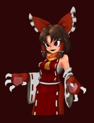 Rule 34 | 1girl, armpit crease, benikurage (cookie), bow, breasts, brown hair, claws, commentary, cookie (touhou), cowboy shot, detached sleeves, dress, fang, frilled bow, frilled hair tubes, frills, hair bow, hair tubes, hakurei reimu, highres, looking afar, medium breasts, mittens, open mouth, parted bangs, red background, red bow, red dress, red eyes, red mittens, sarashi, short hair, sideboob, simple background, sleeveless, sleeveless dress, slit pupils, smile, solo, surauta, touhou