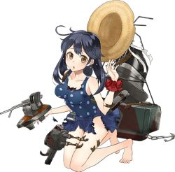 Rule 34 | 10s, 1girl, :o, ahoge, anchor, bad anatomy, bare shoulders, barefoot, black hair, blue one-piece swimsuit, broken, brown eyes, cannon, chain, drew (drew213g), full body, hat, unworn hat, unworn headwear, kantai collection, kneeling, long hair, official art, one-piece swimsuit, polka dot, polka dot swimsuit, skirt, solo, solo focus, sticker, straw hat, swimsuit, tears, torn clothes, torn swimsuit, transparent background, ushio (kancolle), ushio kai ni (kancolle)