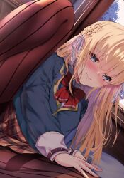 Rule 34 | blonde hair, blue jacket, blush, bow, bowtie, braid, file112056, green eyes, heaven burns red, highres, indoors, jacket, long hair, looking at viewer, out-of-frame censoring, pantyhose, red bow, red bowtie, ribbon, spread legs, striped clothes, striped pantyhose, toujou tsukasa, vertical-striped clothes, vertical-striped pantyhose, white ribbon