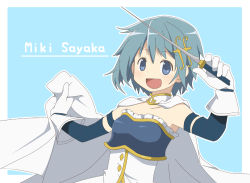 Rule 34 | 10s, 1girl, :d, conductor baton, blue background, blue eyes, blue hair, cape, character name, fortissimo, gloves, hair ornament, hairclip, magical girl, mahou shoujo madoka magica, mahou shoujo madoka magica (anime), mahou shoujo madoka magica movie 1 &amp; 2, matching hair/eyes, miki sayaka, musical note, musical note hair ornament, open mouth, short hair, simple background, smile, solo, yokoru