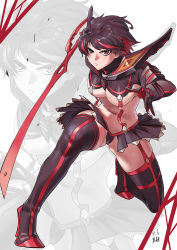 Rule 34 | 1girl, absurdres, bad id, bad pixiv id, black footwear, black hair, black shirt, black skirt, boots, breasts, closed mouth, commentary request, crop top, gloves, high heels, highres, holding, holding sword, holding weapon, jinlin, kill la kill, matoi ryuuko, medium breasts, miniskirt, multicolored hair, navel, red eyes, red hair, revealing clothes, scissor blade (kill la kill), senketsu, shirt, short hair, showgirl skirt, simple background, skirt, stance, streaked hair, suspenders, sword, thigh boots, thighhighs, two-tone hair, underboob, weapon, white background, zoom layer