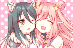 Rule 34 | 2girls, :d, ;d, ^ ^, animal ears, bare shoulders, black hair, blush, blush stickers, brown eyes, cheek-to-cheek, closed eyes, closed mouth, commentary request, gucchiann, hair between eyes, hair ornament, hair rings, hatsune (princess connect!), heads together, light brown hair, long hair, multiple girls, one eye closed, open mouth, pink background, pointy ears, polka dot, polka dot background, princess connect!, shiori (princess connect!), siblings, sidelocks, sisters, smile, star (symbol), star hair ornament, very long hair