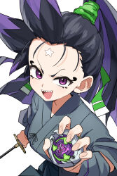 1girl beyblade beyblade_(object) beyblade_x black_hair breasts dai_gazacy facial_mark female_focus forehead_mark hair_ornament highres holding holding_sword holding_weapon japanese_clothes katana kimono long_hair looking_at_viewer medium_breasts multicolored_hair open_mouth ponytail purple_eyes purple_hair sharp_teeth shiroboshi_tenka simple_background star_symbol sword teeth two-tone_hair weapon white_background