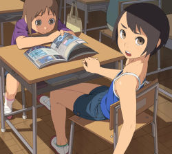 Rule 34 | 2girls, ankle socks, brown hair, camisole, chair, classroom, desk, flat chest, go robots, indoors, magazine (object), multiple girls, original, school, school chair, school desk, shoes, shorts, socks, uwabaki