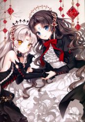 Rule 34 | 2girls, absurdres, artist name, bare shoulders, black dress, black gloves, black hair, blue eyes, blush, braid, branch, breasts, dress, elbow gloves, facial mark, forehead mark, frills, gloves, hair ornament, highres, huge filesize, juliet sleeves, long hair, long sleeves, looking at viewer, multiple girls, nardack, non-web source, open mouth, original, page number, parted lips, puffy sleeves, scan, simple background, small breasts, white hair, yellow eyes