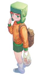 Rule 34 | 1boy, animification, backpack, bag, blush, child, closed mouth, commentary, english commentary, full body, green eyes, green footwear, h2co3 vv, hat, highres, holding, jacket, kyle broflovski, long sleeves, looking at viewer, male focus, orange jacket, red hair, shoes, short hair, simple background, sleeves past wrists, solo, south park, standing, white background