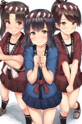 Rule 34 | &gt;:), 3:, 3girls, alternate costume, anchor symbol, ayanami (kancolle), black hair, bow, braid, brown eyes, brown hair, c:, collarbone, cosplay, crossed arms, fubuki (kancolle) (cosplay), fubuki (kancolle), hachimaki, hair bow, hair ribbon, happi, headband, highres, ichikawa feesu, isonami (kancolle), japanese clothes, kantai collection, long hair, low ponytail, multiple girls, pleated skirt, ribbon, shikinami (kancolle), side ponytail, single braid, skirt, v-shaped eyebrows, v arms