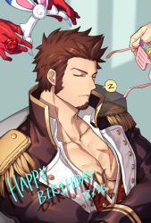 Rule 34 | 00047, 1boy, abs, bara, beard, brown hair, crossed arms, dressing another, epaulettes, facial hair, fate/grand order, fate (series), glasses, happy birthday, highres, long sideburns, long sleeves, male focus, marie antoinette (fate), military, military uniform, muscular, napoleon bonaparte (fate), out of frame, pectorals, prank, scar, sideburns, sleeping, solo focus, tiara, uniform, upper body