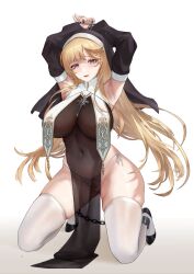 Rule 34 | 1girl, absurdres, armpits, arms up, asymmetrical bangs, black footwear, black sleeves, blonde hair, breast curtains, breasts, chain, chained, chained wrists, covered navel, cross, cross necklace, detached sleeves, full body, habit, hei1905, highleg, highleg panties, highres, jewelry, kneeling, large breasts, long hair, looking at viewer, mole, mole under eye, necklace, nun, open mouth, original, panties, pelvic curtain, purple eyes, restrained, revealing clothes, second-party source, see-through, simple background, skindentation, solo, string panties, thighhighs, thighs, underwear, white background, white panties, white thighhighs