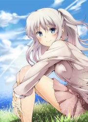Rule 34 | 10s, 1girl, blue eyes, ca2la, charlotte (anime), cloud, day, grass, highres, hugging own legs, long hair, silver hair, skirt, smile, solo, tomori nao, twintails, two side up