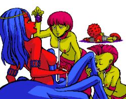 Rule 34 | 4girls, arthropod girl, bdsm, blue hair, bondage, bound, breasts, circlet, collar, colored skin, closed eyes, feeding, femdom, game cg, insect girl, kinuko (kinucakes), leash, lesbian spider-queens of mars, licking, loincloth, long hair, medium breasts, mohawk, multiple girls, navel, nipples, nude, pink hair, pixel art, red hair, red skin, saliva, saliva trail, short hair, slave, spider girl, tarantula queen, the queen (lesbian spider-queens of mars), tongue, tongue out, transparent background, uncensored, yellow eyes, yellow skin, yuri