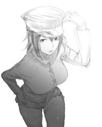 Rule 34 | 10s, 1girl, akitsu maru (kancolle), breasts, buttons, cowboy shot, female focus, gloves, greyscale, hand on headwear, hand on own hip, hat, kantai collection, large breasts, leaning forward, lips, long hair, long sleeves, looking at viewer, military, military uniform, miniskirt, monochrome, peaked cap, pleated skirt, skirt, solo, thighhighs, uniform, yaki tomato, yakitomato, zettai ryouiki
