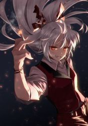 Rule 34 | 1girl, alternate costume, arm at side, arm up, bow, burning, buttons, cigarette, collared shirt, commentary request, dark background, dutch angle, eyes visible through hair, fang, fingernails, fire, floating hair, formal, fujiwara no mokou, glowing, glowing eyes, greenkohgen, grin, hair bow, hair up, half-closed eye, highres, holding, holding cigarette, jewelry, leaning to the side, long fingernails, long hair, orange eyes, pants, raised eyebrow, red bow, red eyes, red pants, red vest, shirt, sidelocks, sleeves rolled up, slit pupils, smile, smoke, solo, sparks, suit, suspenders, teeth, torn bow, touhou, two-tone bow, uneven eyes, very long hair, vest, white bow, white hair, white shirt, wing collar