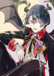 Rule 34 | 1boy, alternate eye color, bat wings, black jacket, black pants, black ribbon, blue hair, boutonniere, brooch, center frills, collared jacket, dark blue hair, demon boy, demon horns, fang, feet out of frame, flower, frills, hair between eyes, hand tattoo, highres, hijirikawa masato, horns, jacket, jewelry, knees up, lapels, looking at viewer, male focus, mole, mole under eye, neck ribbon, pants, peaked lapels, pelee, purple flower, purple rose, red eyes, red flower, red rose, ribbon, rose, shirt, short hair, sleeve cuffs, solo, straight hair, tattoo, teeth, upper teeth only, uta no prince-sama, white shirt, wings, yellow background, yellow flower, yellow rose