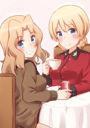 Rule 34 | 10s, bad id, bad pixiv id, blonde hair, blue eyes, braid, brown jacket, can, chair, closed mouth, coca-cola, cup, darjeeling (girls und panzer), drink can, epaulettes, girls und panzer, grin, hair intakes, highres, holding, jacket, kapatarou, kay (girls und panzer), long hair, long sleeves, looking at viewer, looking back, military, military uniform, open clothes, open jacket, red jacket, saunders military uniform, short hair, sitting, smile, soda can, st. gloriana&#039;s military uniform, table, teacup, twin braids, uniform