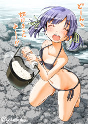 Rule 34 | 10s, 1girl, :d, ^ ^, arched back, bare shoulders, barefoot, bikini, black bikini, blush, downpants, closed eyes, front-tie top, highres, kantai collection, kneeling, looking at viewer, navel, ooshio (kancolle), open mouth, purple hair, rice, rock, short twintails, side-tie bikini bottom, smile, sogabe toshinori, solo, steam, swimsuit, teeth, translated, twintails, twitter username, water