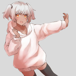 Rule 34 | 1girl, :d, black thighhighs, blush, brown eyes, collarbone, comah, dark-skinned female, dark skin, fang, grey background, grey hair, highres, hood, hood down, hoodie, long sleeves, looking at viewer, open mouth, original, outstretched arm, puffy long sleeves, puffy sleeves, simple background, sleeves past wrists, smile, solo, thighhighs, twintails, white hoodie