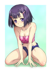 Rule 34 | 1girl, all fours, aqua background, arm support, bare shoulders, barefoot, blush, breasts, cleavage, collarbone, female focus, hair ornament, hairclip, kneeling, kouda tomohiro, legs, looking at viewer, midriff, open fly, original, purple eyes, purple hair, short hair, short shorts, shorts, small breasts, smile, solo, spread legs, strapless, tube top, unzipped