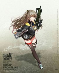 Rule 34 | 1girl, adapted costume, alternate costume, alternate weapon, bad id, bad pixiv id, breasts, brown eyes, brown hair, bullpup, character name, cleavage, commentary, commentary request, derivative work, fingerless gloves, full body, girls&#039; frontline, gloves, gun, weapon case, highres, large breasts, long hair, looking at viewer, notmaru, side ponytail, smile, solo, suppressor, thigh strap, thighhighs, turtleneck, ump45 (girls&#039; frontline), weapon