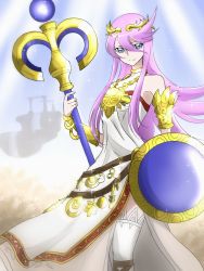 Rule 34 | 1girl, bare shoulders, blue eyes, cosplay, crossover, cure moonlight, dress, eyelashes, happy, heartcatch precure!, hisakawa aya, jewelry, kid icarus, long hair, looking at viewer, lots of jewelry, magical girl, md5 mismatch, nintendo, palutena, palutena (cosplay), pink hair, precure, resolution mismatch, revision, shield, smile, solo, source larger, standing, super silhouette (heartcatch precure!), thighhighs, tsukikage oyama, tsukikage yuri, voice actor connection