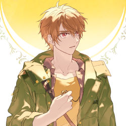 Rule 34 | 1boy, brown eyes, brown hair, green jacket, hair between eyes, highres, holding, jacket, jewelry, key, koeda (k83 4), luke pearce (tears of themis), necklace, open mouth, shirt, sleeves rolled up, solo, tears of themis, white background, yellow shirt
