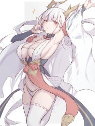 Rule 34 | 1006kbps, 1girl, absurdres, arm up, arm warmers, armpits, azur lane, breasts, closed mouth, dragon horns, hair on horn, highres, horns, japanese clothes, large breasts, long hair, looking at viewer, navel, panties, pelvic curtain, red eyes, revealing clothes, ribbon-trimmed clothes, ribbon-trimmed legwear, ribbon trim, shimanto (azur lane), simple background, solo, thighhighs, twitter username, underwear, w, white hair, white panties, white thighhighs