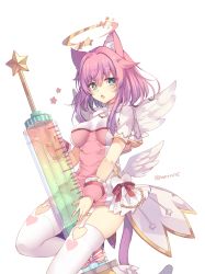 Rule 34 | + +, 1girl, :o, animal ears, aqua eyes, bow, cat ears, cat tail, dress, fang, garter straps, halo, heart, heart print, large syringe, looking at viewer, luca (shironeko project), needle, nurse, open mouth, oversized object, pink bow, pink dress, pink hair, red bow, rento (rukeai), shironeko project, short dress, short hair, sidelocks, simple background, solo, striped, striped bow, syringe, tail, thighhighs, twitter username, white background, white bow, white dress, white thighhighs, wings
