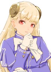 Rule 34 | 1girl, blonde hair, bow, capcom, capcom fighting jam, commentary request, gloves, hair ornament, hayadai, highres, ingrid (capcom), lips, long hair, looking at viewer, parted lips, red eyes, simple background, smile, solo, street fighter, upper body, white background, white gloves