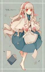 Rule 34 | 1girl, apron, barefoot, blue dress, book, border, collared dress, dress, floral print, flower, frilled apron, frills, grey background, hair flower, hair ornament, hair ribbon, hairband, highres, jewelry, kagerou project, key, kozakura marry, long hair, looking at viewer, mekakucity actors, necklace, paper, parted lips, pink hairband, pink ribbon, red eyes, ribbon, shawl, shiro kunugi, simple background, solo, song name, souzou forest (vocaloid), standing, standing on one leg, vocaloid, white apron, white border, white flower, white hair, white shawl
