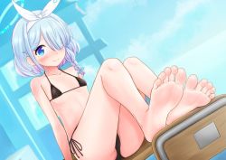 Rule 34 | 1girl, arona (blue archive), bikini, black bikini, blue archive, blue eyes, blue hair, blue sky, blush, chair, closed mouth, cloud, cloudy sky, desk, flat chest, hair over one eye, halo, headband, hinosaki, looking at viewer, medium hair, on desk, sitting, on desk, sky, smile, soles, solo, swimsuit, table, thighs, toes