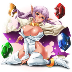 Rule 34 | 1girl, anklet, aq interactive, arcana heart, atlus, boots, breasts, cape, cleavage, crystal, curvy, dark-skinned female, dark skin, elf, examu, gem, gem, huge breasts, jewelry, kneeling, large breasts, long hair, no bra, no panties, parace l&#039;sia, pointy ears, purple hair, revealing clothes, shimusu, side slit, solo, thighhighs, torn cape, torn clothes