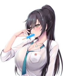 Rule 34 | 1girl, black hair, blush, bralines, breasts, cleavage, collarbone, dog tags, dress shirt, food, green necktie, hair between eyes, high ponytail, highres, idolmaster, idolmaster shiny colors, large breasts, long hair, loose necktie, moo yoshio, mouth hold, necktie, ponytail, popsicle, school uniform, see-through, shirase sakuya, shirt, simple background, solo, sweat, wet, wet clothes, wet shirt, white background, white shirt, yellow eyes