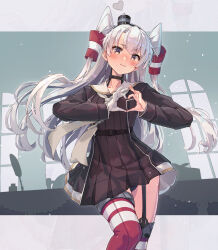 Rule 34 | 1girl, absurdres, amatsukaze (kancolle), amatsukaze kai ni (kancolle), black dress, black panties, blush, breasts, brown eyes, commentary, cowboy shot, dress, garter straps, gloves, grey hair, hair tubes, heart, heart hands, highres, himeyamato, kantai collection, long hair, looking at viewer, panties, red thighhighs, sailor collar, sailor dress, see-through, single glove, smokestack hair ornament, solo, thighhighs, two side up, underwear, white gloves, white sailor collar