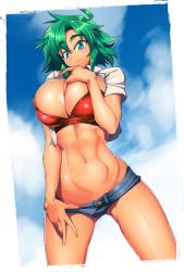 Rule 34 | 1girl, abs, bad id, bad twitter id, blue eyes, breasts, cleavage, cowboy shot, female focus, green hair, highres, huge breasts, midriff, navel, outdoors, short hair, short shorts, shorts, sky, smile, solo, standing, thighs, wokashiya