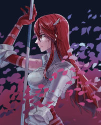 Rule 34 | 1girl, absurdres, armor, black background, blood, blood on face, breastplate, cherry blossoms, cordelia (fire emblem), cuts, elbow gloves, expressionless, fire emblem, fire emblem awakening, gloves, hair between eyes, highres, injury, kawasemi (bw 77), lance, long hair, nintendo, petals, polearm, profile, red eyes, red gloves, red hair, sidelocks, solo, upper body, weapon, wing hair ornament