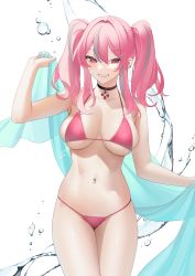 Rule 34 | 1girl, absurdres, azur lane, bikini, breasts, bremerton (azur lane), choker, grin, highres, large breasts, mole, mole on breast, navel piercing, ohisashiburi, piercing, pink bikini, pink eyes, pink hair, simple background, skindentation, smile, swimsuit, twintails, white background