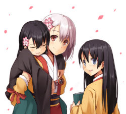 Rule 34 | 3girls, :d, age difference, aizuwakamatsu (oshiro project), bad id, bad pixiv id, black hair, blue eyes, blush, book, bow, carrying, cherry blossoms, child, closed eyes, detached sleeves, drooling, flower, from side, glasses, hair flower, hair ornament, higashikurokawa, higashikurokawa (oshiro project), holding, japanese clothes, kekemotsu, kimono, kurokawa (oshiro project), light smile, long hair, looking back, multiple girls, multiple persona, obi, onow, open clothes, open mouth, open vest, oshiro project:re, petals, piggyback, red eyes, rimless eyewear, saliva, sash, simple background, sleeping, smile, upper body, vest, white background, white hair, wide sleeves