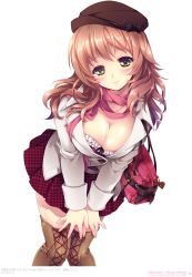 Rule 34 | 1girl, absurdres, artist name, bag, blush, boots, breasts, brown hair, buttons, cleavage, female focus, green eyes, hat, highres, jacket, large breasts, leaning forward, long hair, looking at viewer, otonari no onee-chan na joshidaisei wa ore no iinari desu, shima chiyo, shimachiyo, shoulder bag, simple background, skirt, smile, solo, thigh boots, thighhighs, white background
