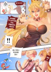 Rule 34 | 1boy, 2girls, :d, bakki, bare shoulders, black dress, black nails, blonde hair, blue eyes, blush, bowsette, bracelet, breasts, brooch, chain, claw pose, cleavage, collar, collarbone, comic, crown, dress, earrings, english text, eyebrows, eyelashes, fangs, fingernails, flying sweatdrops, heart, heart-shaped pupils, highres, holding hands, horns, jewelry, large breasts, long fingernails, long hair, mario, mario (series), multiple girls, nail polish, new super mario bros. u deluxe, nintendo, open mouth, piranha plant, ponytail, princess, princess peach, sharp fingernails, simple background, sleeveless, sleeveless dress, smile, spiked bracelet, spiked shell, spikes, strapless, strapless dress, super crown, surprised, symbol-shaped pupils, third-party edit, tongue, turtle shell, very long hair, watermark, web address, yuri