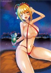 Rule 34 | 10s, 1girl, ;d, ahoge, akasakak, bad id, bad pixiv id, bendy straw, blonde hair, blush, breasts, brown eyes, cleavage, cocktail, cocktail umbrella, cup, cushion, drinking glass, drinking straw, drunk, fate/extra, fate/grand order, fate (series), flower, groin, hair flower, hair intakes, hair ornament, head tilt, holding, holding cup, holding drinking glass, huge ahoge, huge breasts, hurricane glass, looking at viewer, navel, nero claudius (fate), nero claudius (fate) (all), nero claudius (fate/extra), night, night sky, one-piece swimsuit, one eye closed, open mouth, outdoors, red one-piece swimsuit, red slingshot swimsuit, ruffling hair, short hair, sitting, sky, slingshot swimsuit, smile, solo, swimsuit, thighs, twitter username