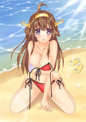 Rule 34 | 10s, 1girl, ahoge, areola slip, arm support, azusa (g60806), beach, bikini, blush, breasts, brown hair, cleavage, day, double bun, female focus, front-tie top, hair bun, hairband, kantai collection, kneeling, kongou (kancolle), large breasts, lens flare, light rays, long hair, looking at viewer, open mouth, purple eyes, red bikini, sandals, unworn sandals, shiny skin, side-tie bikini bottom, solo, sunbeam, sunlight, swimsuit, untied