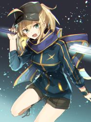 Rule 34 | 1girl, aqua eyes, artoria pendragon (fate), blonde hair, boots, chibirisu, chromatic aberration, excalibur (fate/stay night), fate/grand order, fate (series), hat, highres, holding, holding sword, holding weapon, jacket, long hair, looking at viewer, mysterious heroine x (fate), open mouth, ponytail, rojiura satsuki : chapter heroine sanctuary, saber (fate), scarf, shorts, solo, sword, teeth, weapon