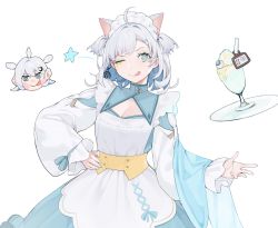 Rule 34 | + +, 1girl, absurdres, animal ears, apron, blue nails, breasts, bs0, cat ears, cleavage, cleavage cutout, closed mouth, clothing cutout, colored inner hair, corset, eyeball, grey hair, hair intakes, hair ornament, hairclip, hand up, highres, long sleeves, looking at viewer, maid apron, medium hair, milkshake, missing eye, multicolored hair, nail polish, nijisanji, one eye closed, puffy long sleeves, puffy sleeves, simple background, small breasts, solo, star (symbol), tongue, tongue out, tray, two side up, upper body, virtual youtuber, virtuareal, white background, yua (virtuareal)