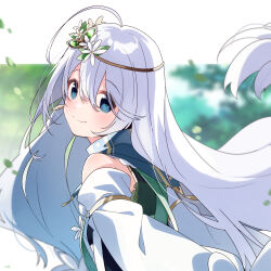 Rule 34 | 1girl, ahoge, aoba chika, black shirt, blue eyes, blue scarf, blurry, blurry background, blush, closed mouth, detached sleeves, earrings, flower, from behind, green background, hair between eyes, hair flower, hair ornament, head wreath, highres, jewelry, long hair, long sleeves, looking at viewer, magia record: mahou shoujo madoka magica gaiden, magical girl, mahou shoujo madoka magica, official art, scarf, shirt, sleeveless, sleeveless shirt, smile, solo, split mouth, striped clothes, striped scarf, u35, very long hair, white flower, white hair, white sleeves